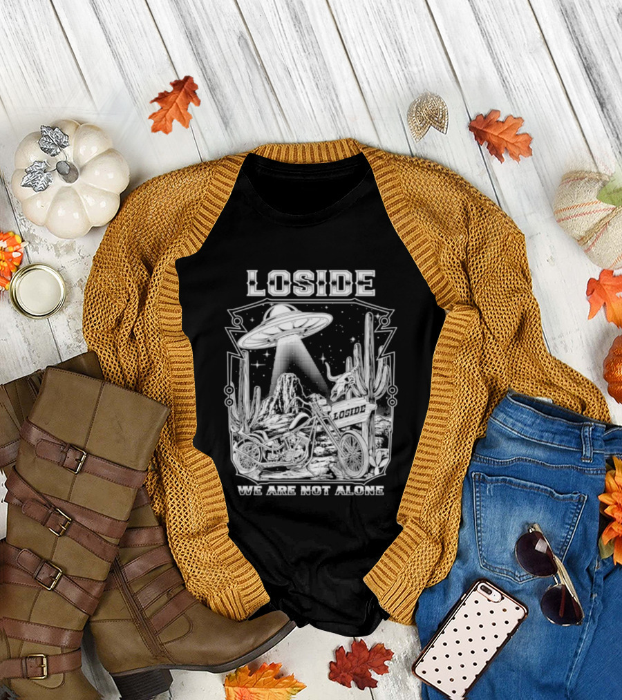 Loside We Are Not Alone UFO Motorcycle Desert Scene Cactus Stars T-Shirt