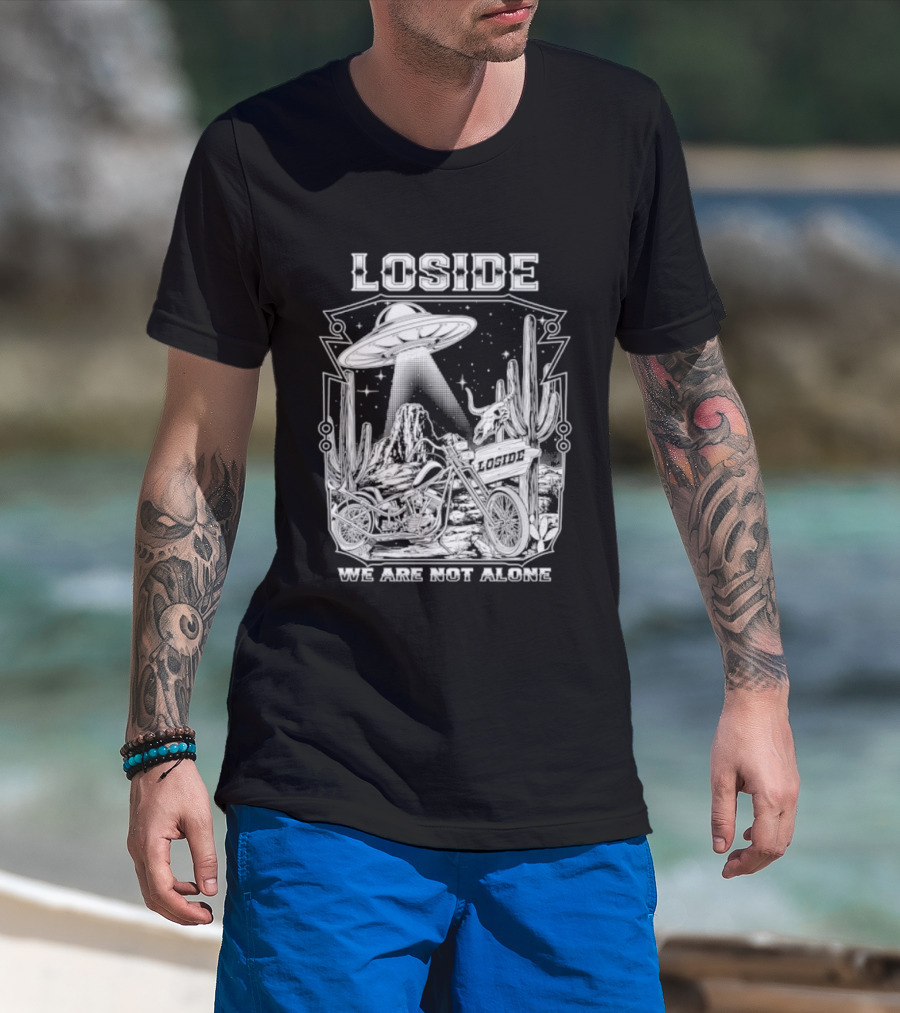 Loside We Are Not Alone UFO Motorcycle Desert Scene Cactus Stars T-Shirt