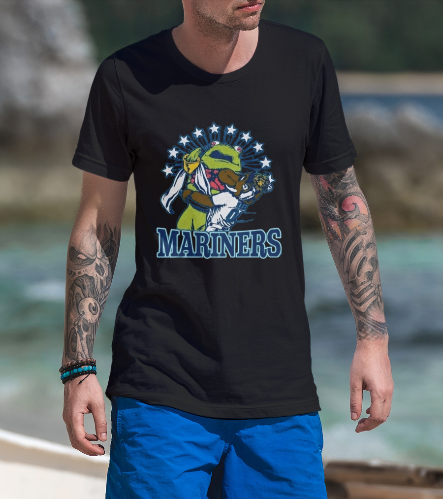 Mariner Moose Hugs Humpy Salmon With Mariners Stars T-Shirt