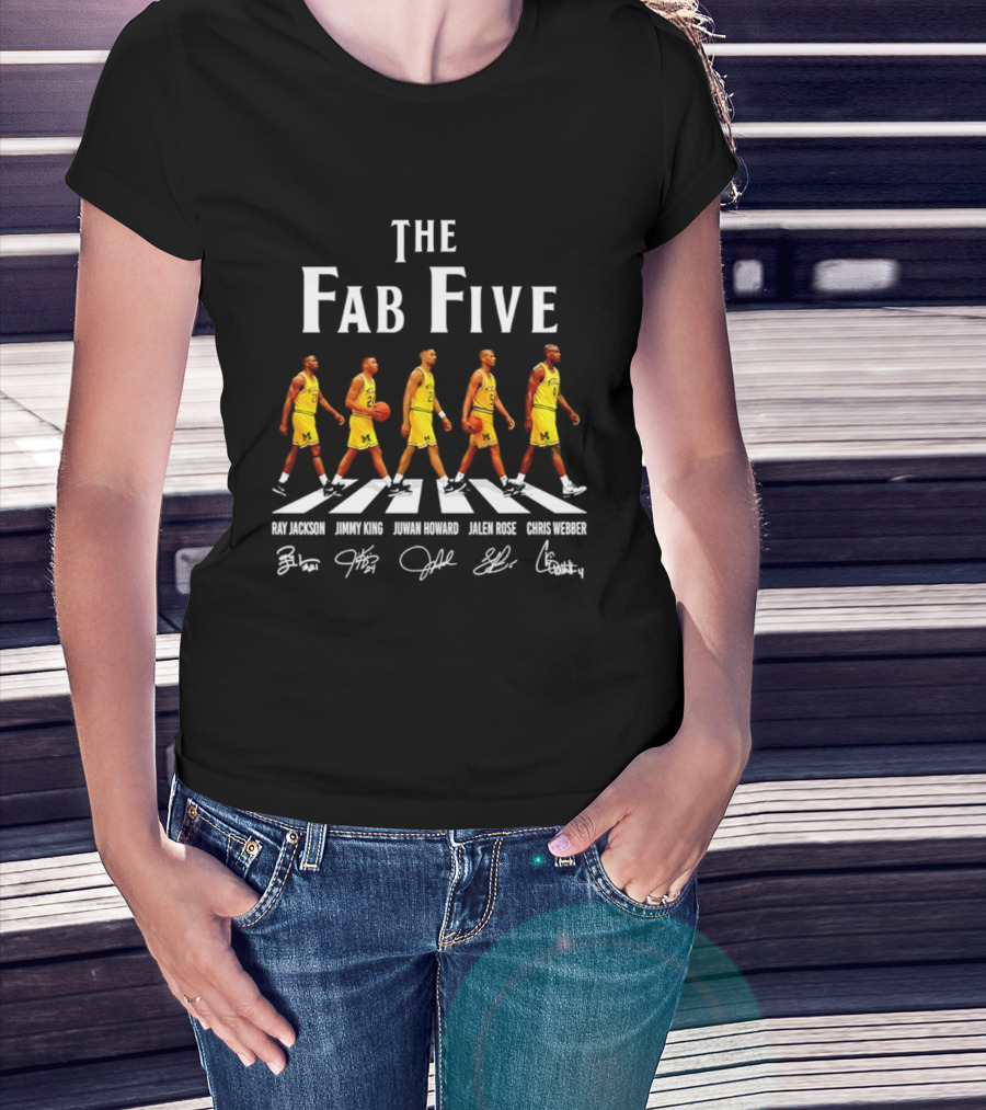 Michigan Wolverines Fab Five Ray Jackson Jimmy King Juwan Howard Jalen Rose Chris Webber Signatures T-Shirt