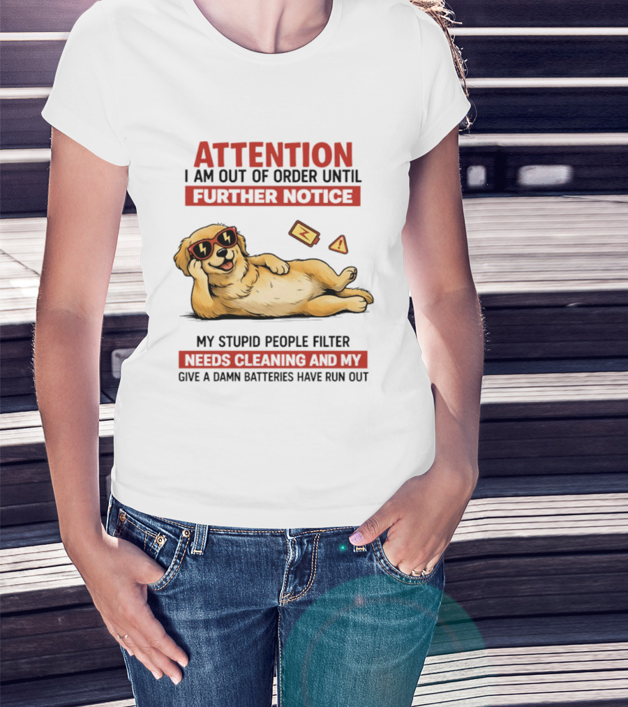 Golden Retriever Attention Out Of Order Until Further Notice Stupid People Filter Needs Cleaning Batteries Run Out T-Shirt