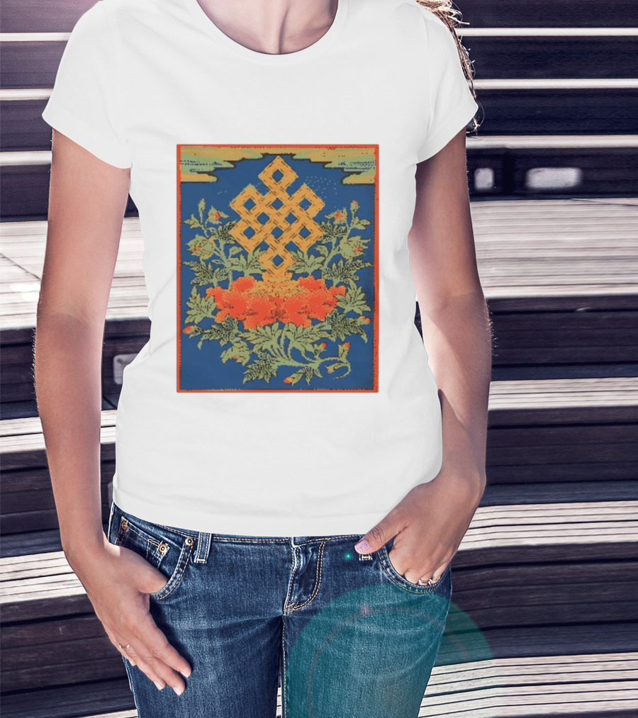 Srivatsa Endless Knot Floral Design Buddhist Symbol With Blossoms T-Shirt