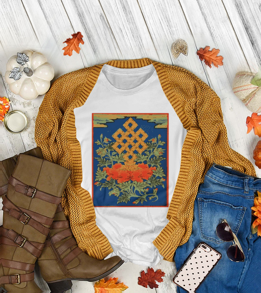 Srivatsa Endless Knot Floral Design Buddhist Symbol With Blossoms T-Shirt
