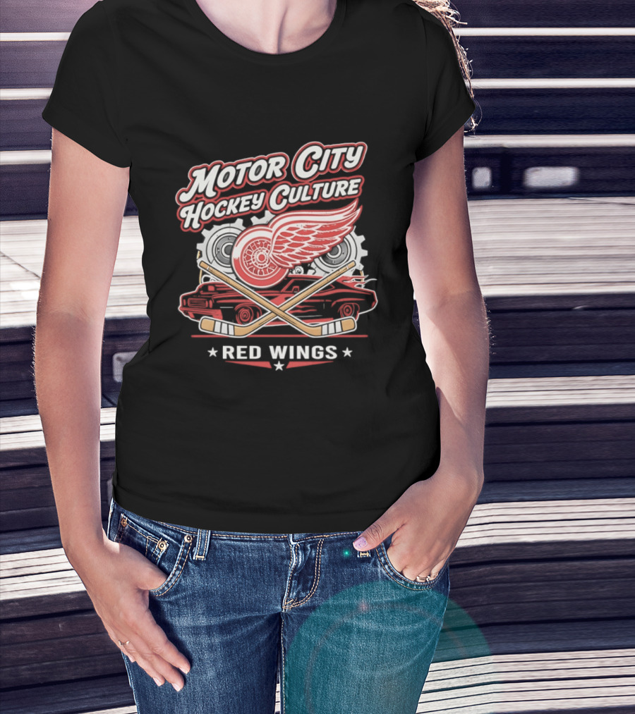 Motor City Hockey Culture Red Wings NHL Classic Logo And Car T-Shirt