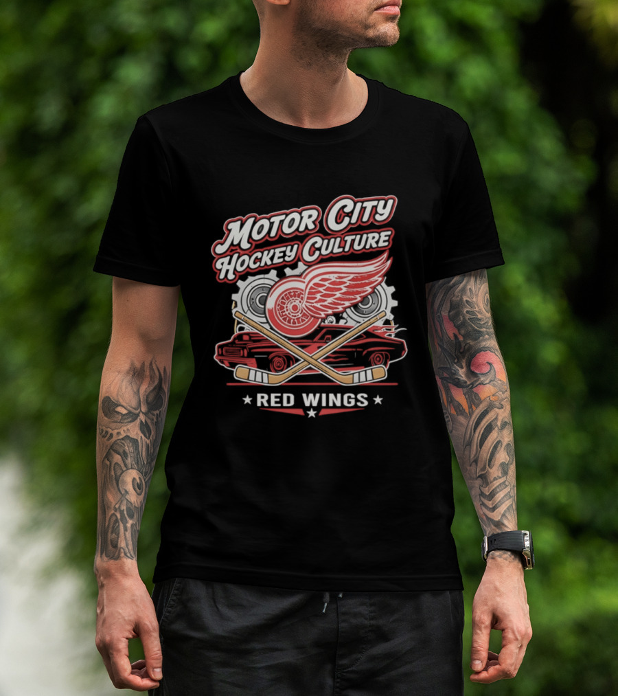 Motor City Hockey Culture Red Wings NHL Classic Logo And Car T-Shirt