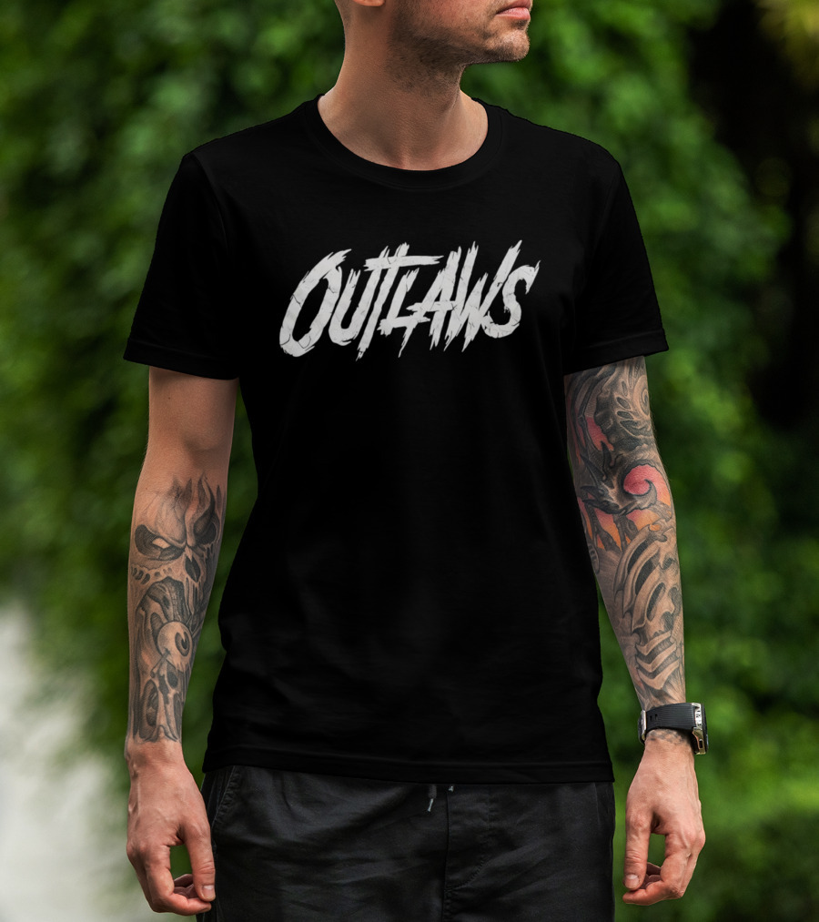 Cowboys Outlaws Text Bold White Brushstroke T-Shirt