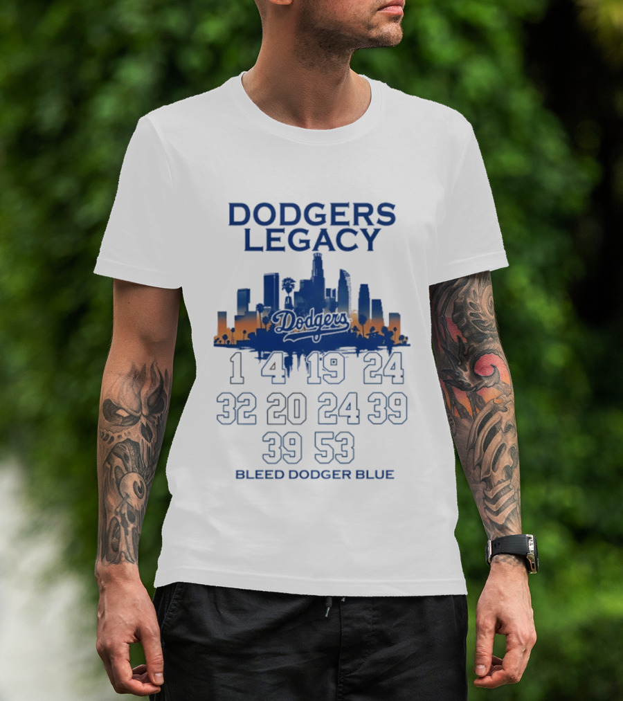 Dodgers Legacy 1 4 19 24 32 20 24 39 39 53 Bleed Dodger Blue Skyline Dodgers T-Shirt