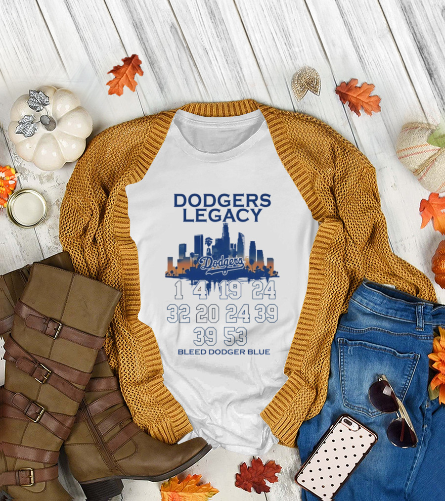 Dodgers Legacy 1 4 19 24 32 20 24 39 39 53 Bleed Dodger Blue Skyline Dodgers T-Shirt