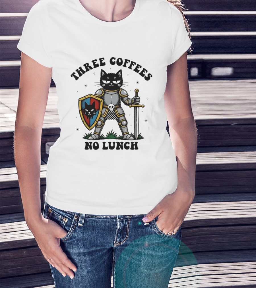 Three Coffees No Lunch Black Cat Armored Knight Shield T-Shirt