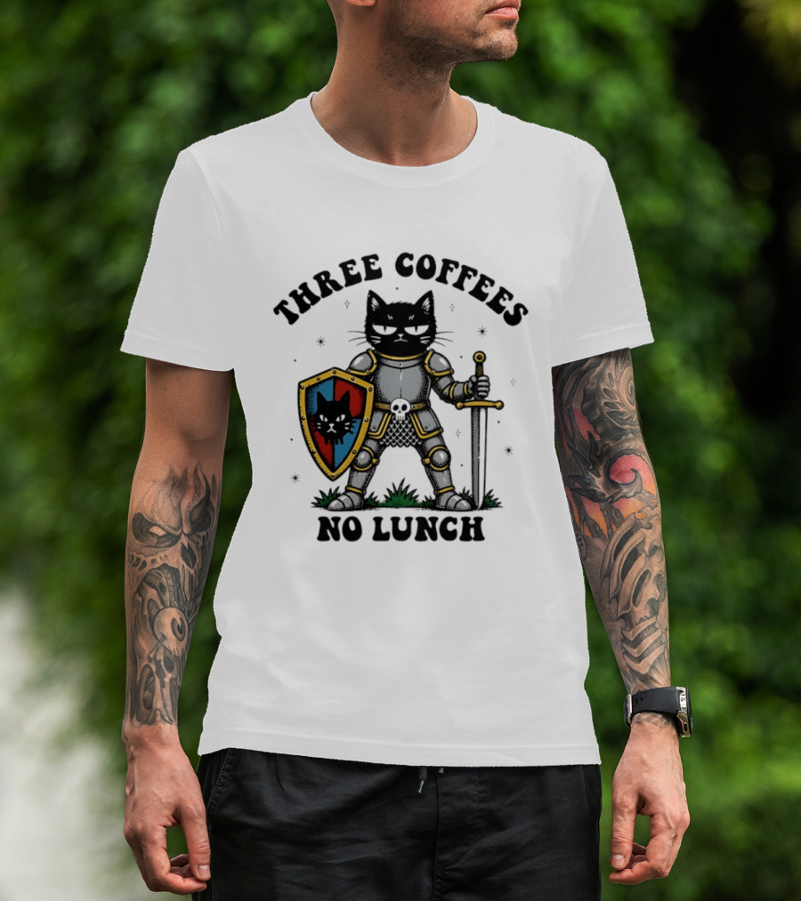 Three Coffees No Lunch Black Cat Armored Knight Shield T-Shirt