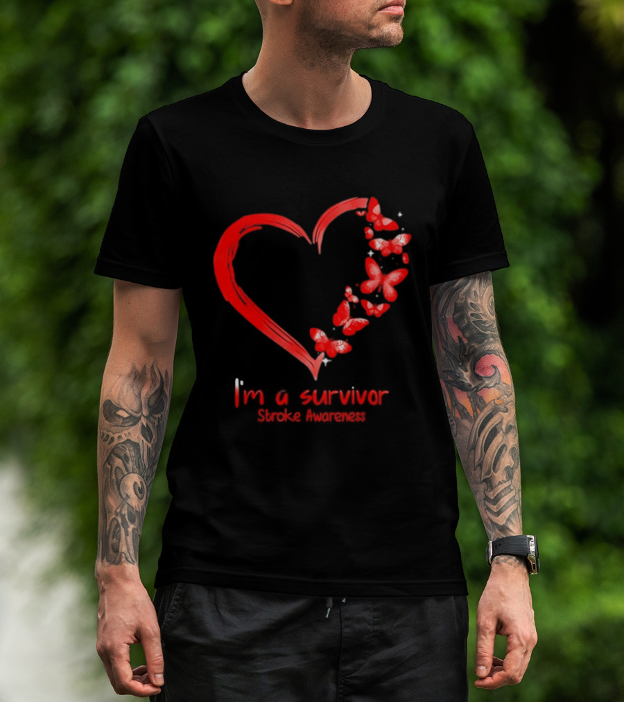I'm A Survivor Stroke Awareness Heart And Red Butterflies T-Shirt
