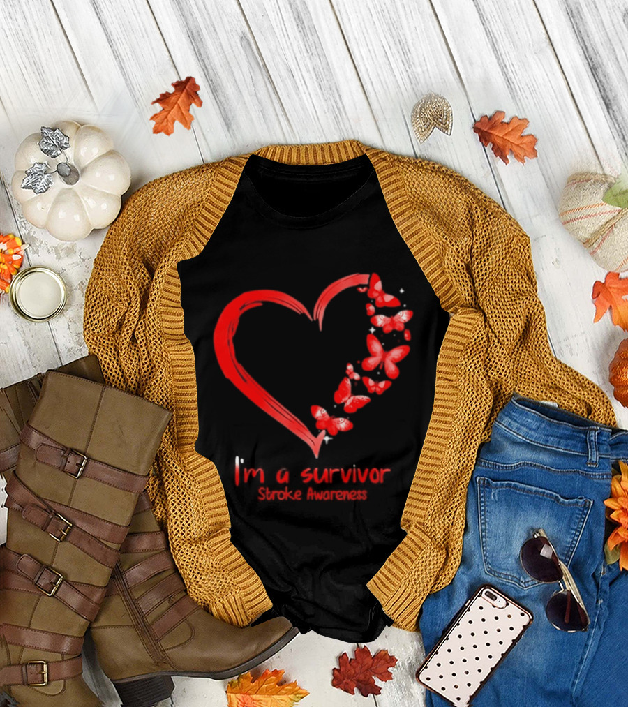 I'm A Survivor Stroke Awareness Heart And Red Butterflies T-Shirt
