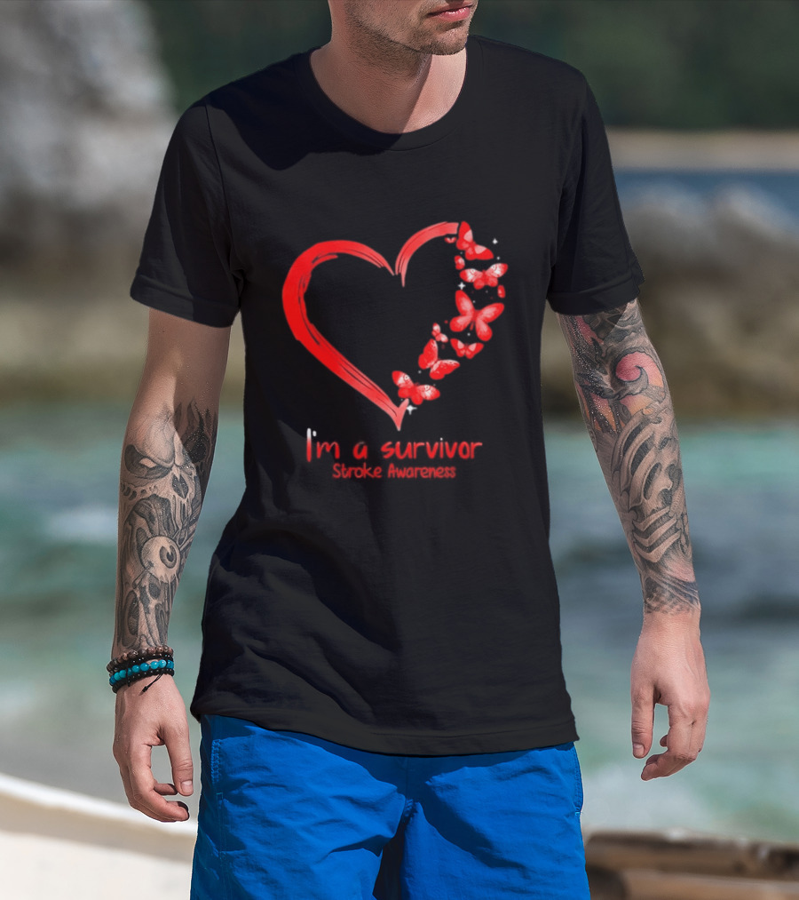 I'm A Survivor Stroke Awareness Heart And Red Butterflies T-Shirt
