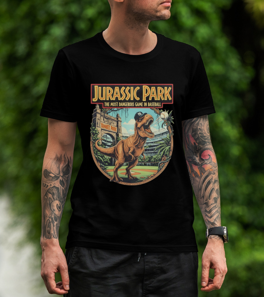 Jurassic Park The Most Dangerous Game In Baseball Yankee Park Rex Stadium Adventure T-Shirt