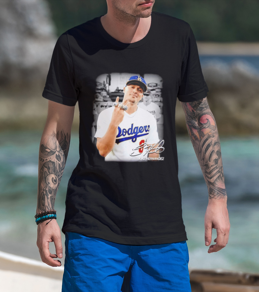 Kike Hernandez Los Angeles Dodgers MLB Number 14 Autographed Photo T-Shirt