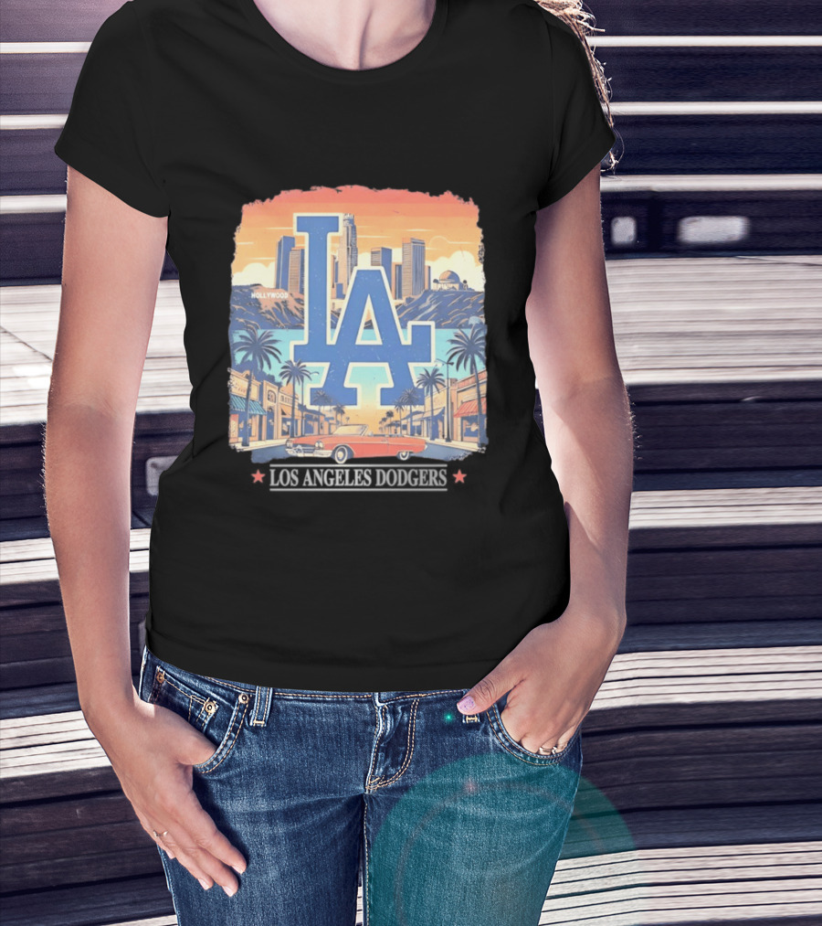 Los Angeles Dodgers LA Hollywood Skyline Classic Car T-Shirt