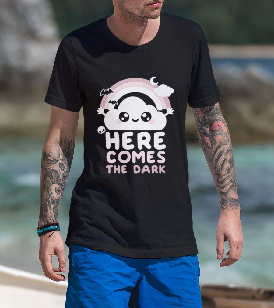 Here Comes The Dark Cute Cloud Rainbow Bats Moon And Stars T-Shirt