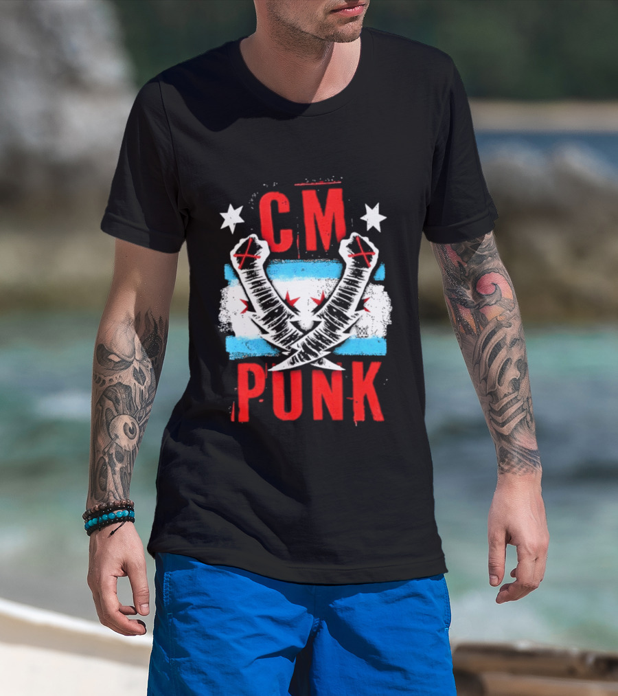 CM Punk Chicago Flag Lightning Bolt Fist WWE Stars T-Shirt