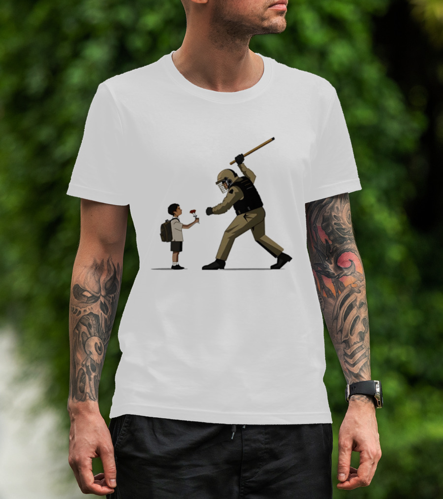 Bloom Under Fire: Child Offering Flower To Armed Officer T-Shirt