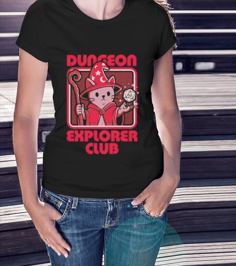 Dungeon Explorer Club Wizard Cat With D20 Dice Magic Wand T-Shirt