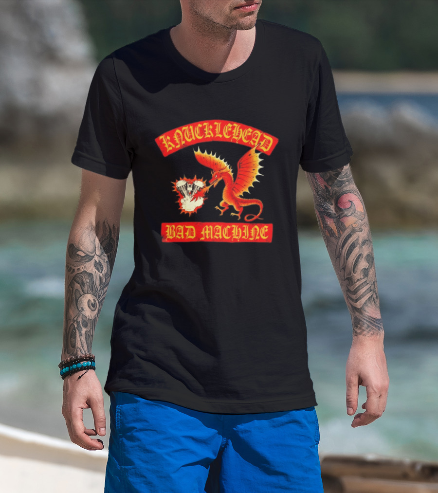 Knucklehead Bad Machine Dragon Motorcycle Engine Fire Breathing T-Shirt