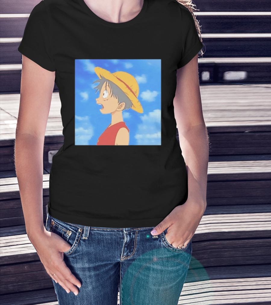 Monkey D Luffy Sky Gazing Red Vest Yellow Straw Hat Anime Scene Clouds Blue Sky T-Shirt