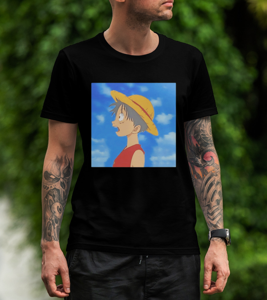 Monkey D Luffy Sky Gazing Red Vest Yellow Straw Hat Anime Scene Clouds Blue Sky T-Shirt