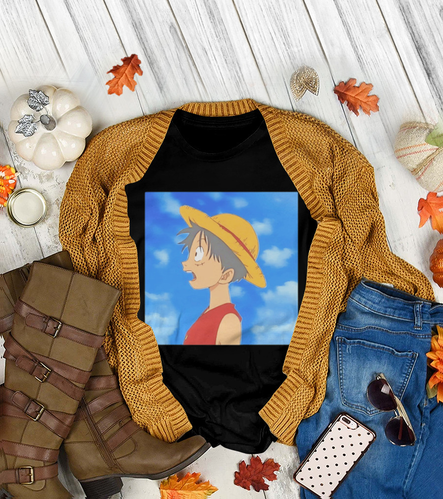 Monkey D Luffy Sky Gazing Red Vest Yellow Straw Hat Anime Scene Clouds Blue Sky T-Shirt
