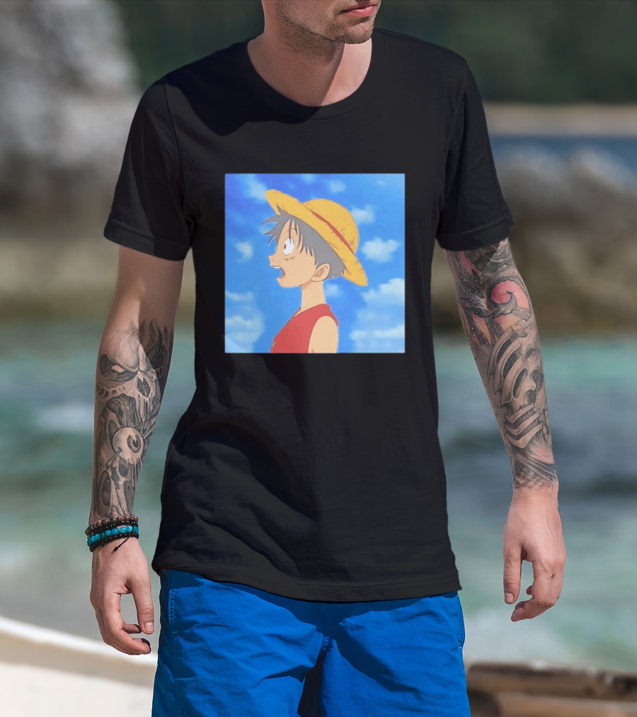 Monkey D Luffy Sky Gazing Red Vest Yellow Straw Hat Anime Scene Clouds Blue Sky T-Shirt