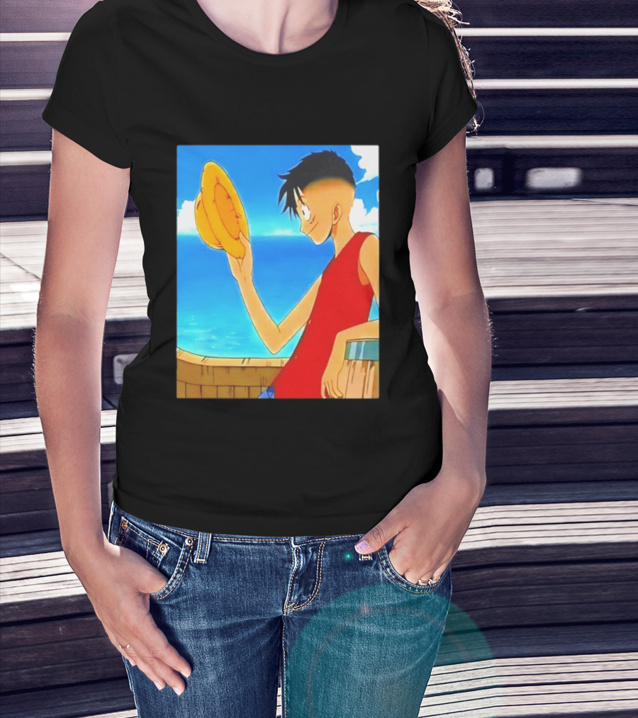 One Piece Luffy Taper Fade Anime Manga Straw Hat Ocean Scene T-Shirt