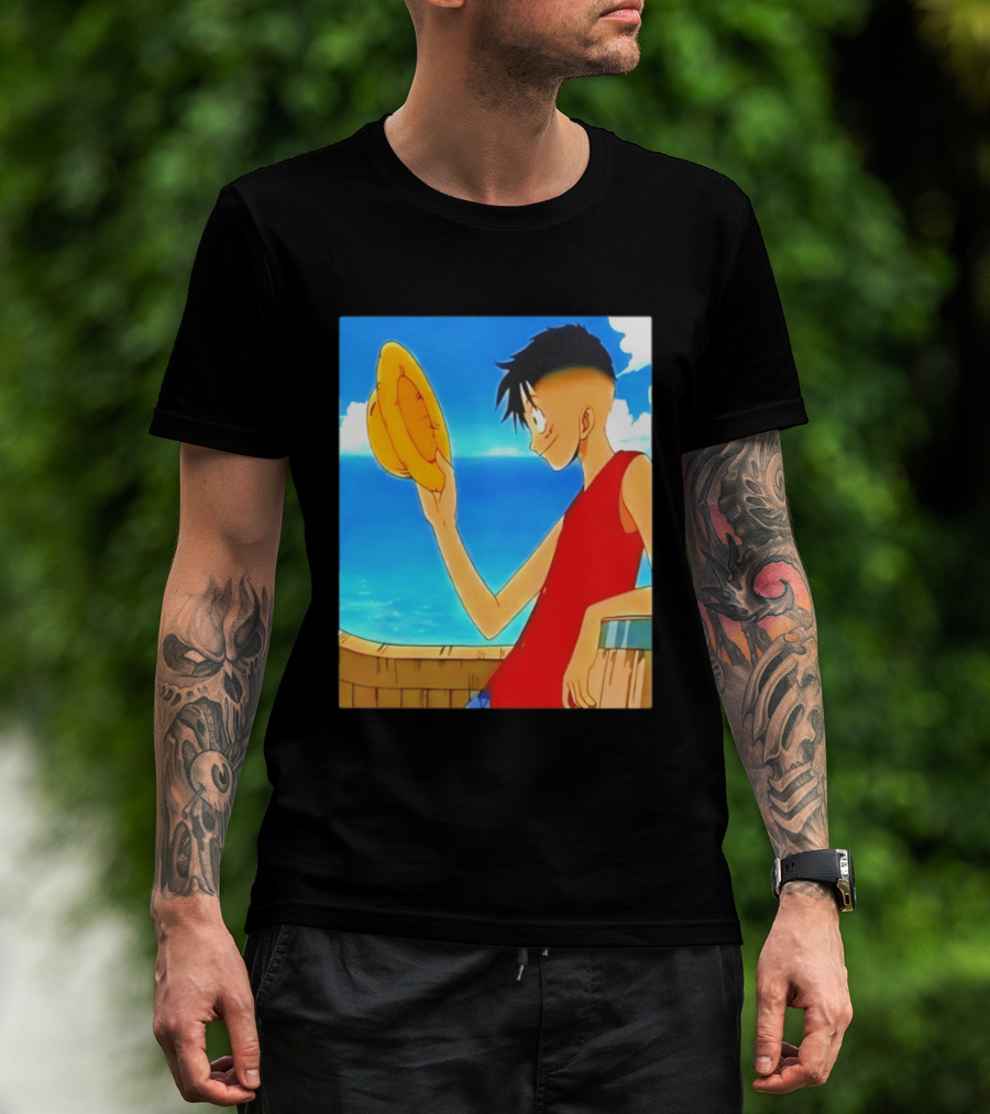 One Piece Luffy Taper Fade Anime Manga Straw Hat Ocean Scene T-Shirt
