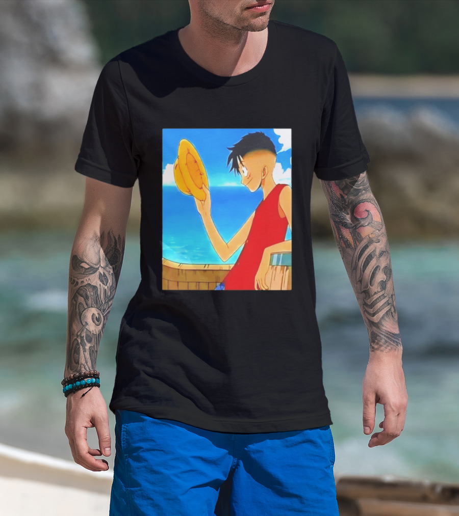 One Piece Luffy Taper Fade Anime Manga Straw Hat Ocean Scene T-Shirt