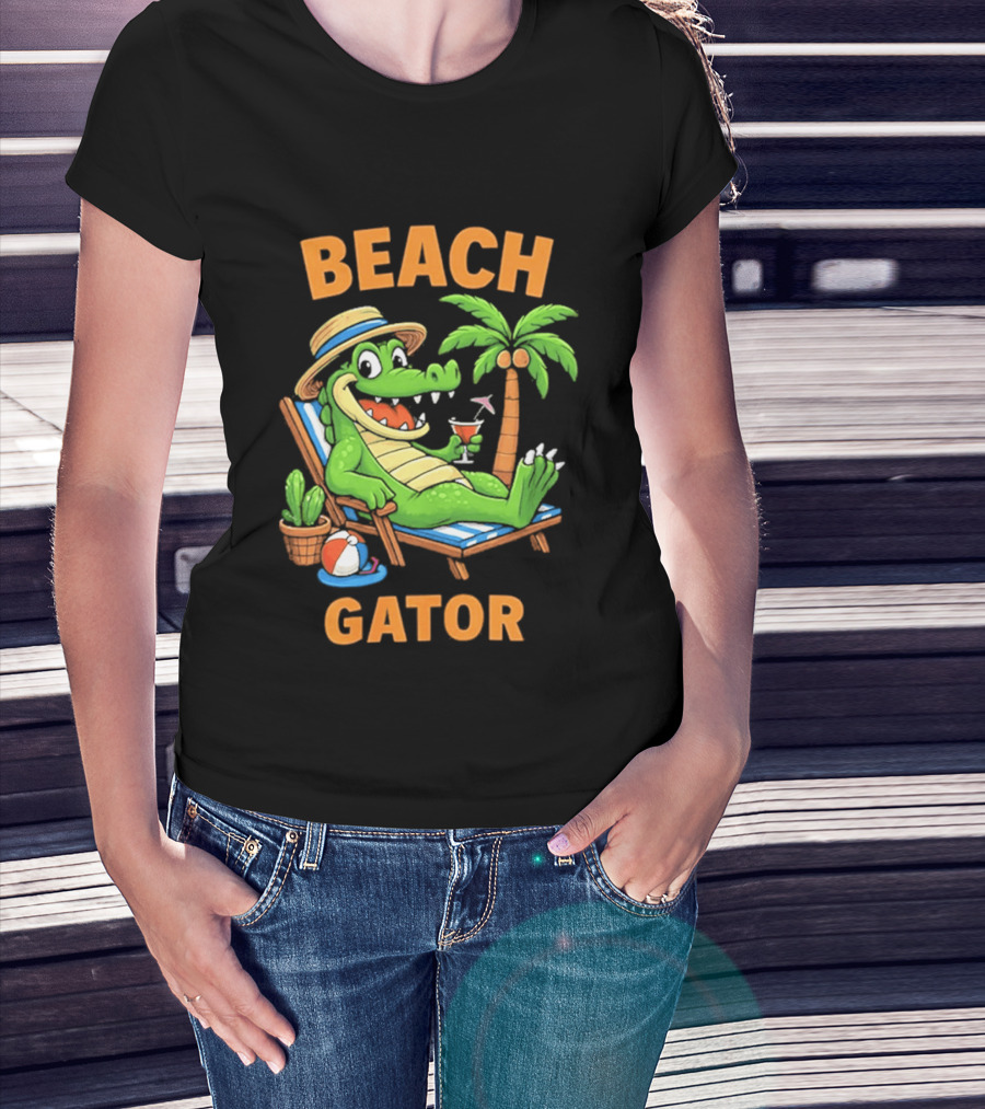 Beach Gator Tropical Alligator Vacation Relaxing With Cocktail Palm Tree T-Shirt