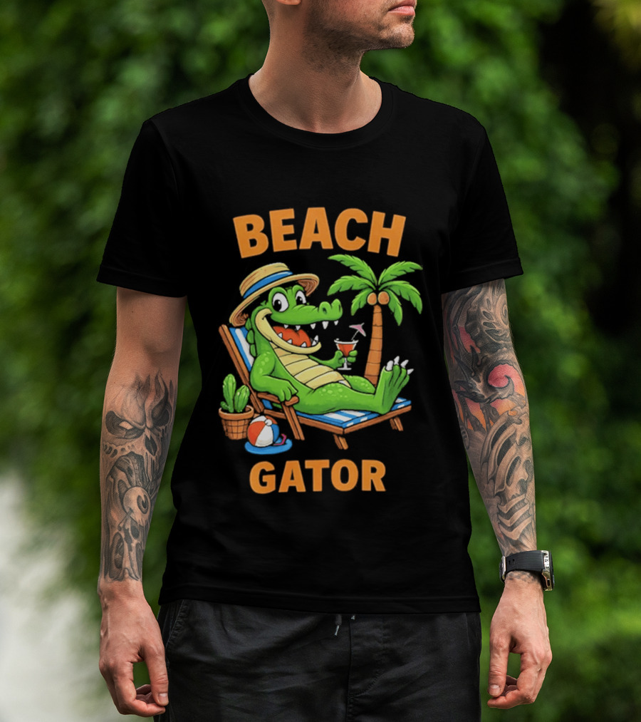 Beach Gator Tropical Alligator Vacation Relaxing With Cocktail Palm Tree T-Shirt
