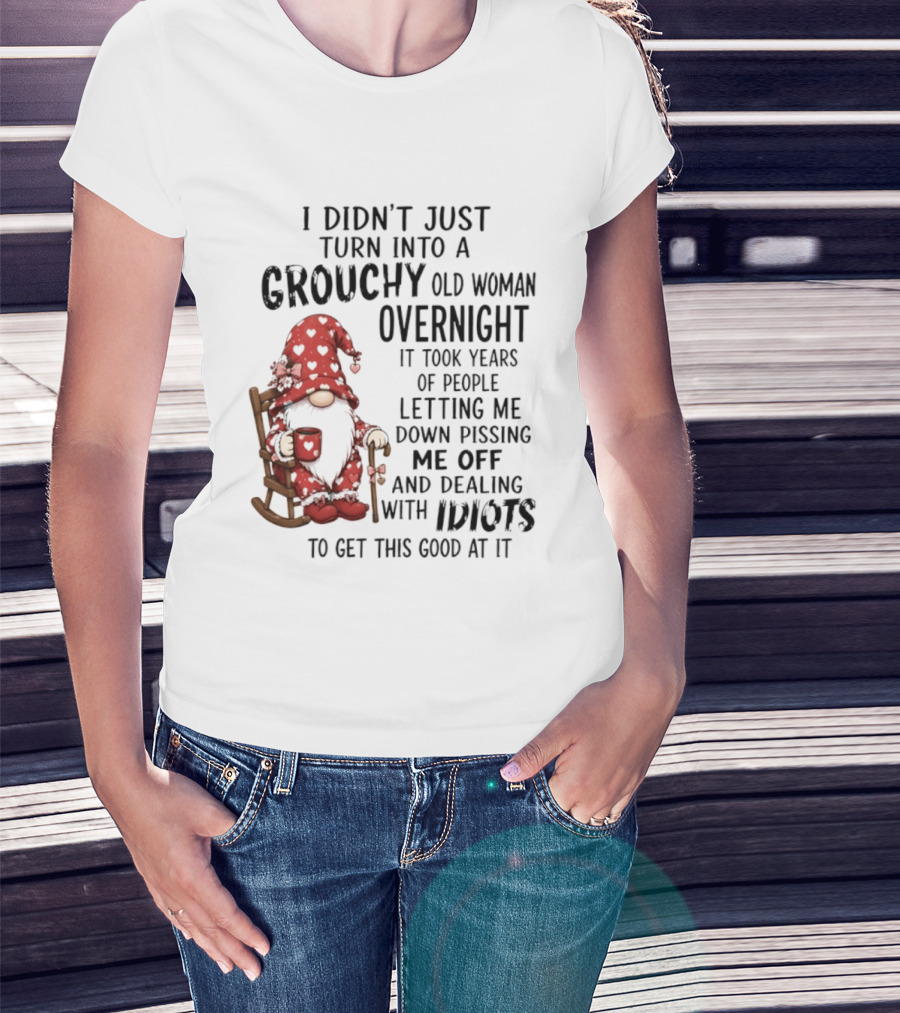 I Didn't Just Turn Into A Grouchy Old Woman Overnight Gnome Humor It Took Years Of People Letting Me Down Pissing Me Off And Dealing With Idiots T-Shirt