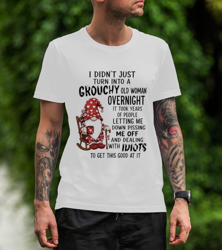I Didn't Just Turn Into A Grouchy Old Woman Overnight Gnome Humor It Took Years Of People Letting Me Down Pissing Me Off And Dealing With Idiots T-Shirt