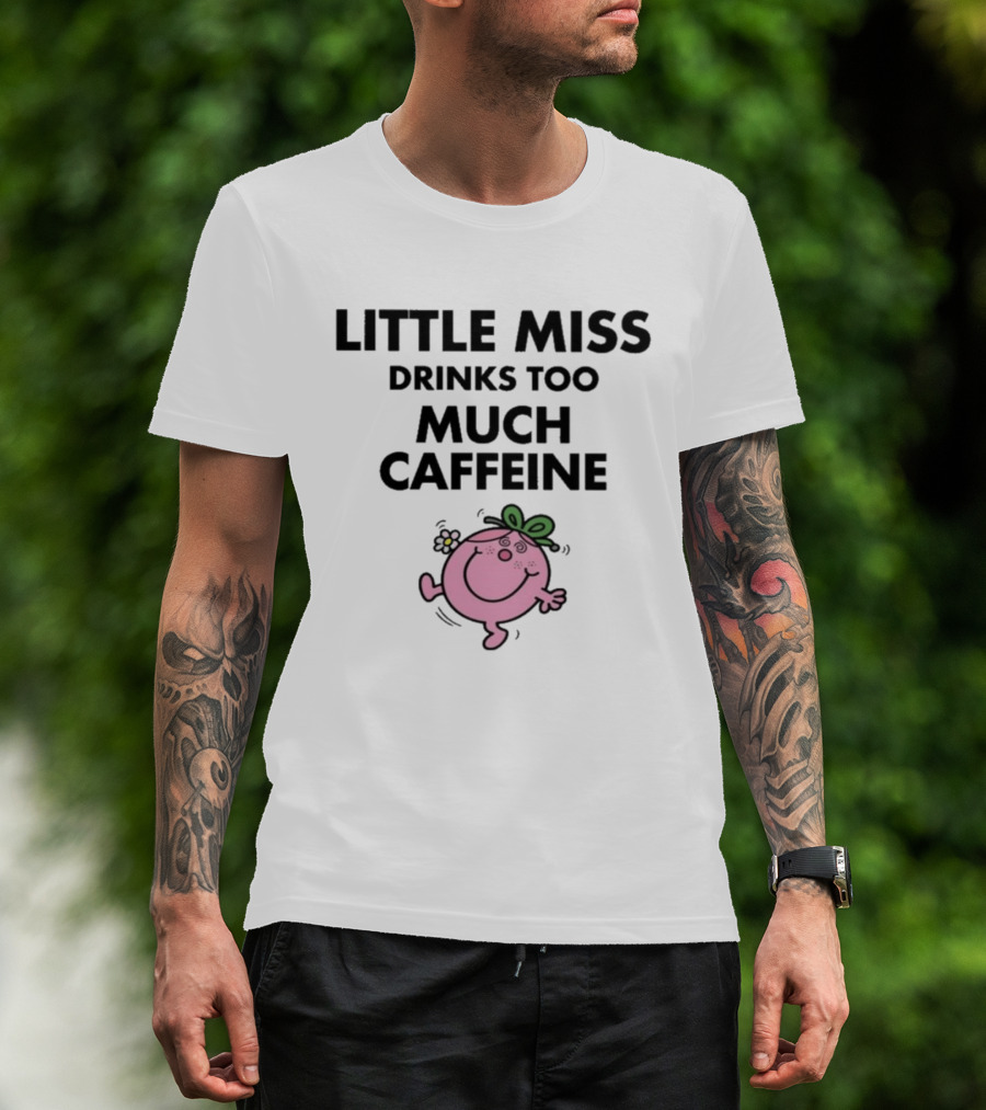 Little Miss Drinks Too Much Caffeine Pink Character With Green Bow T-Shirt