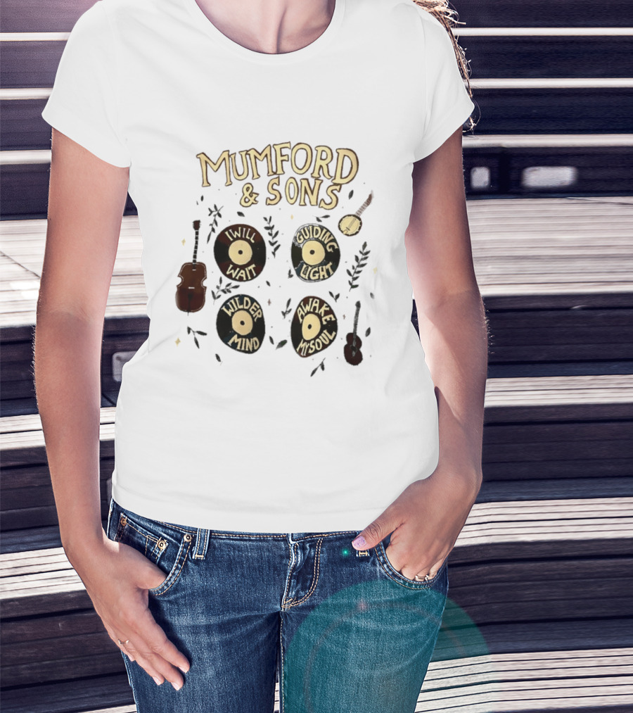 Mumford And Sons I Will Wait Guiding Light Wilder Mind Awake My Soul Vinyl Record Banjo Guitar T-Shirt