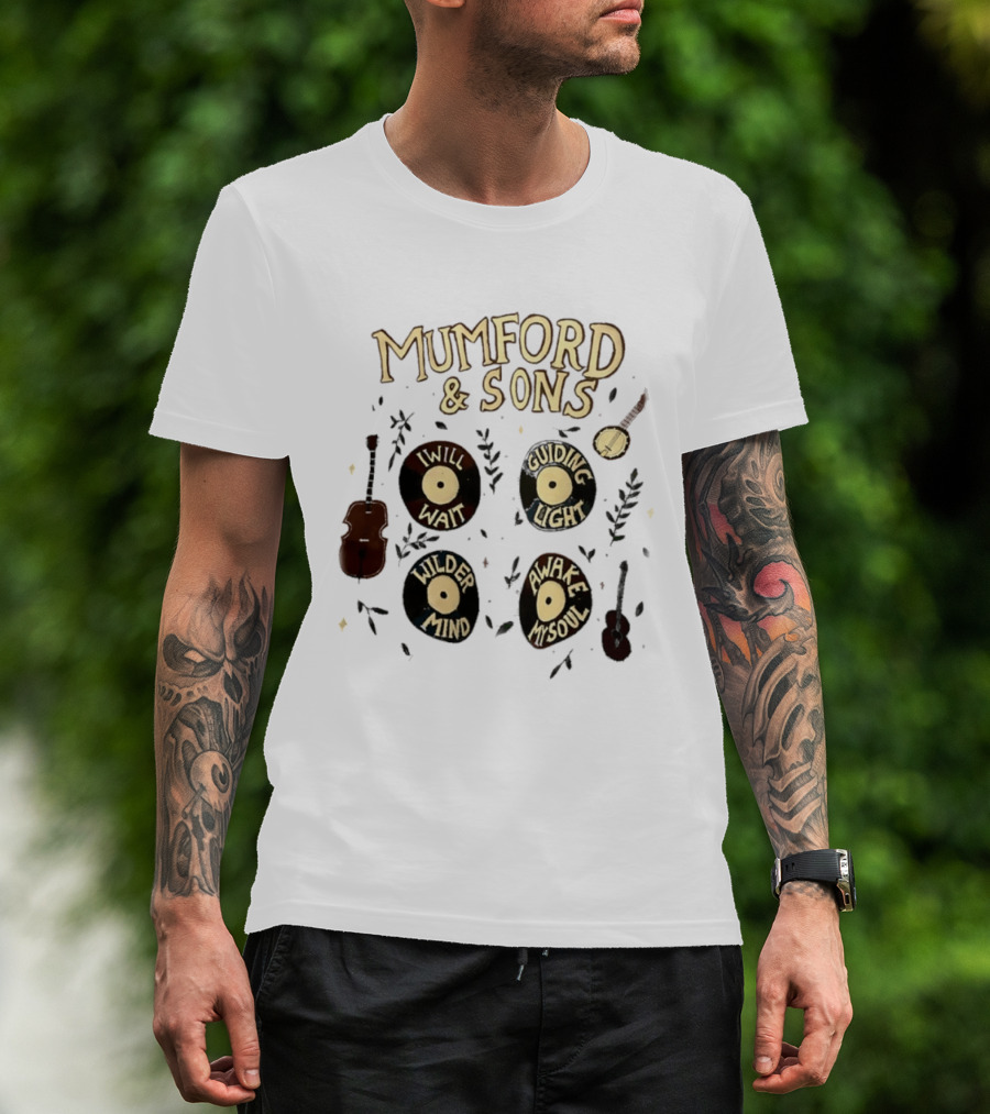 Mumford And Sons I Will Wait Guiding Light Wilder Mind Awake My Soul Vinyl Record Banjo Guitar T-Shirt