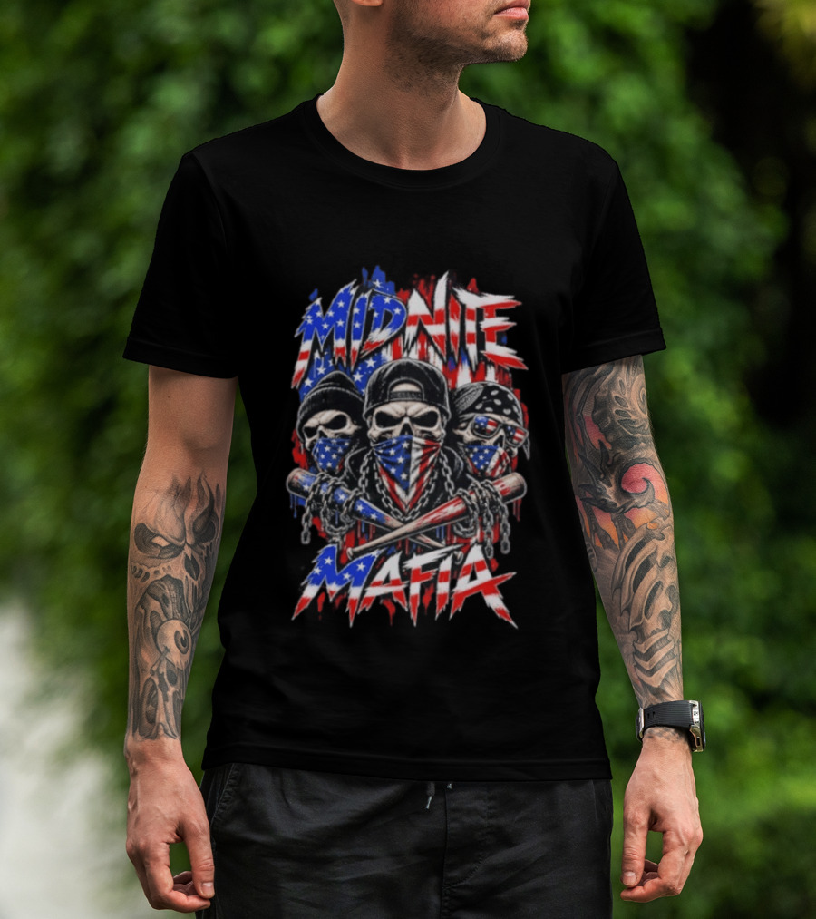 Midnite Mafia Skulls American Flag Bandanas Baseball Bats Chains T-Shirt