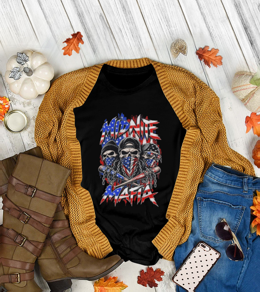 Midnite Mafia Skulls American Flag Bandanas Baseball Bats Chains T-Shirt