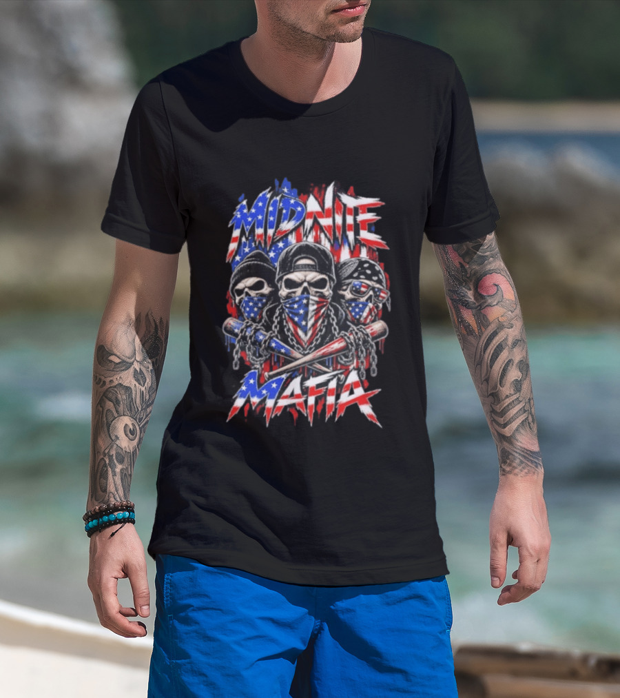 Midnite Mafia Skulls American Flag Bandanas Baseball Bats Chains T-Shirt