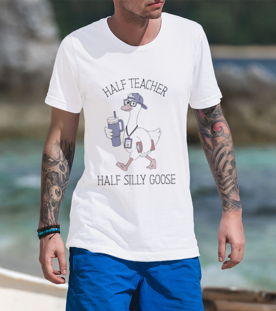 Half Teacher Half Silly Goose Funny Cartoon Duck With Coffee And School Supplies T-Shirt