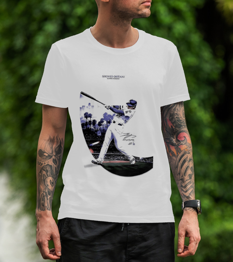 Shohei Ohtani 17 Los Angeles Angels MLB Slugger Swing Two Sided T-Shirt