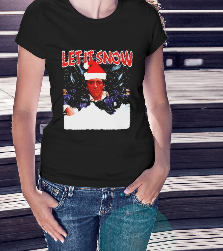 Let It Snow Al Pacino Scarface Tony Montana Snowflakes Santa Hat T-Shirt