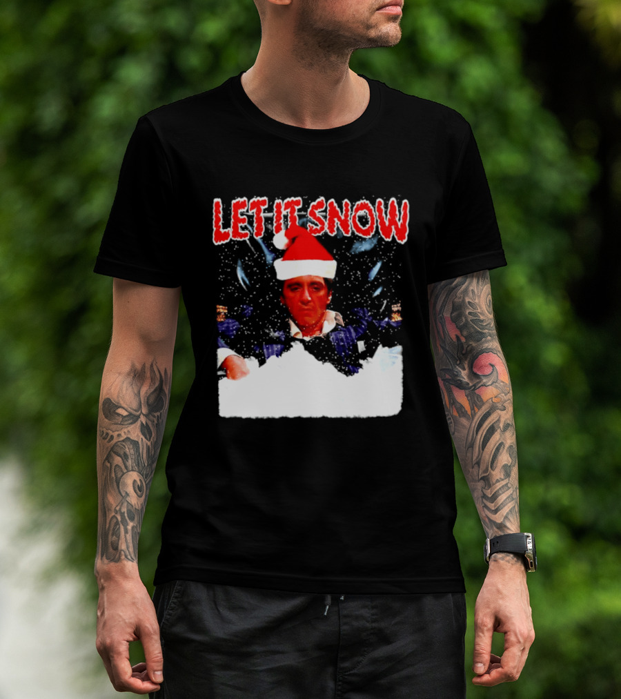 Let It Snow Al Pacino Scarface Tony Montana Snowflakes Santa Hat T-Shirt