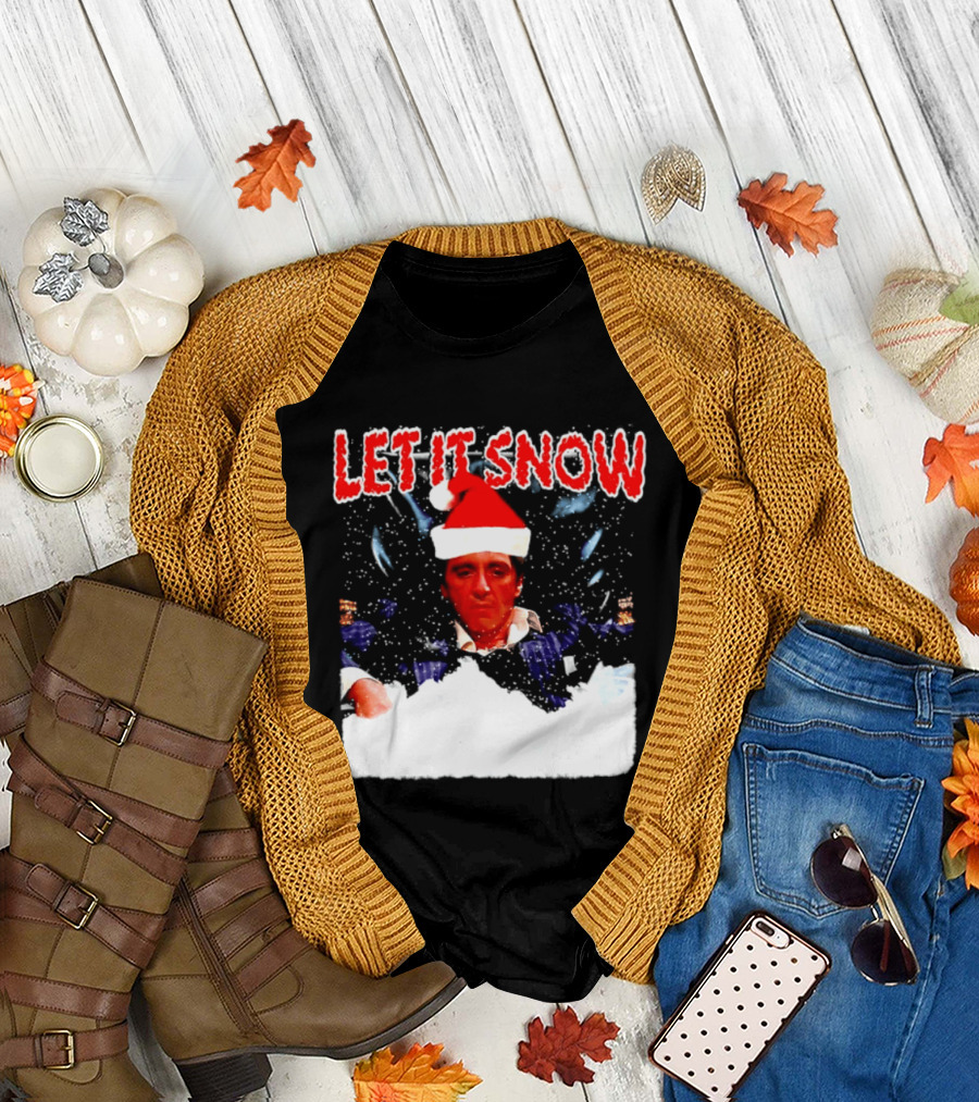 Let It Snow Al Pacino Scarface Tony Montana Snowflakes Santa Hat T-Shirt