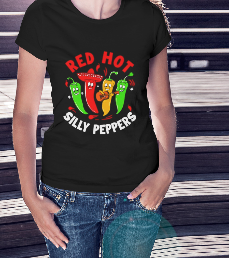 Red Hot Silly Peppers Band With Colorful Chili Cartoon Characters Playing Guitar T-Shirt
