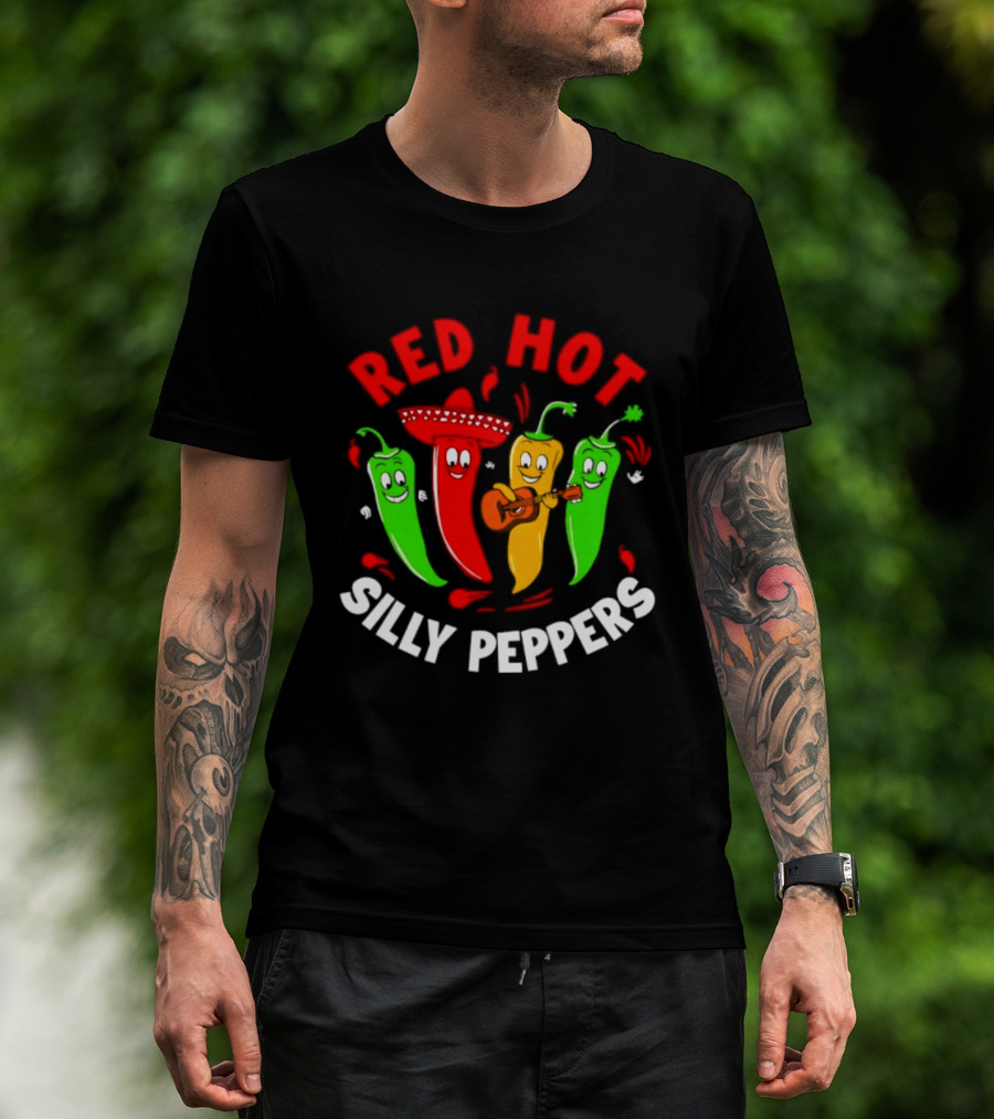 Red Hot Silly Peppers Band With Colorful Chili Cartoon Characters Playing Guitar T-Shirt