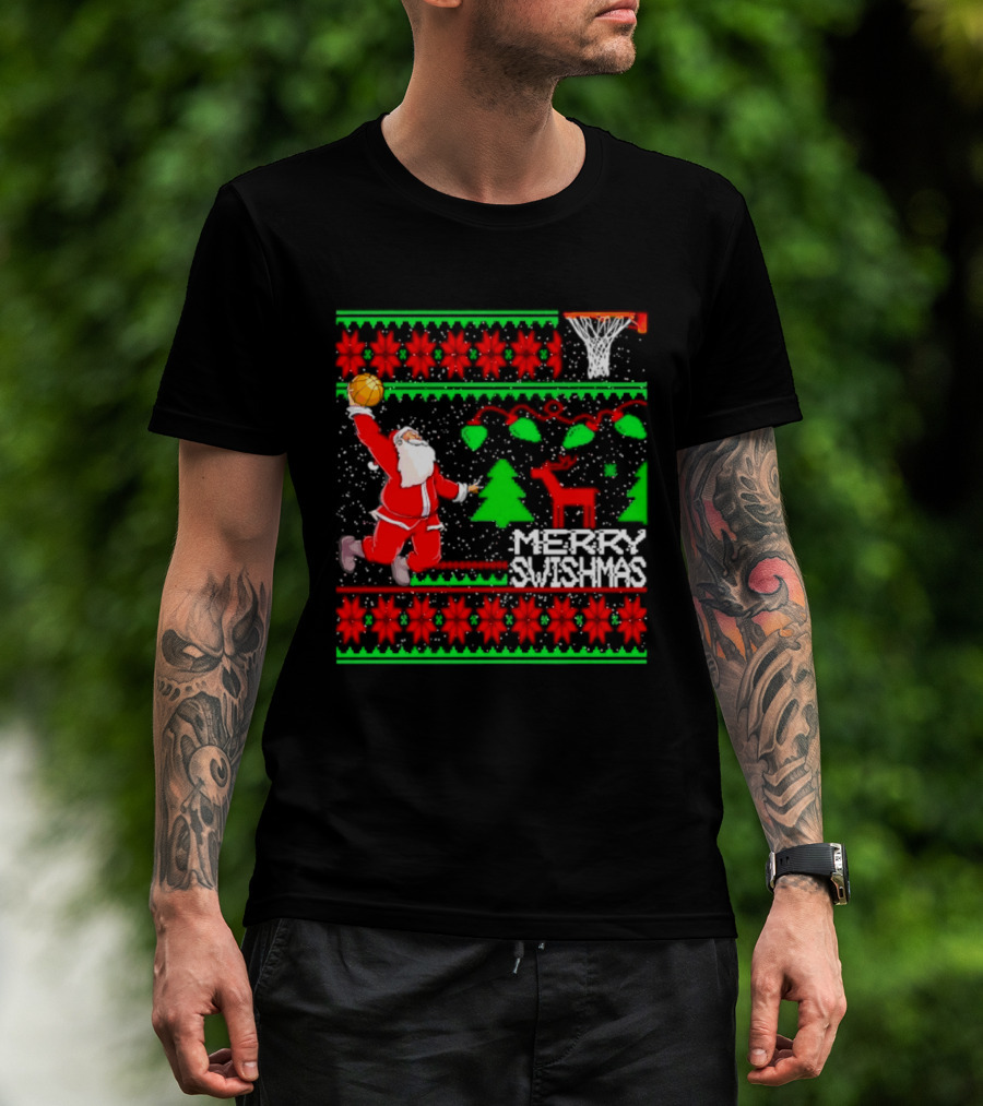 Santa Claus Dunking Basketball Ugly Christmas Sweater Merry Swishmas T-Shirt